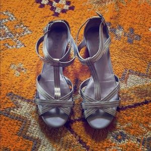 Metallic patent wedge sandal, Ralph Lauren